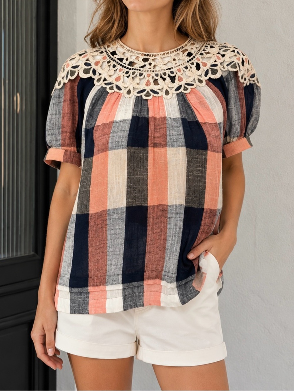 Anthropologie Crochet-Yoke Plaid Top in Coral, Navy & Cream